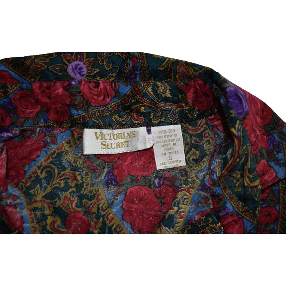A5 Auth VICTORIAS SECRET VTG Gold Label Red/Blue Floral Paisley Silk Robe Size S - Picture 4 of 4